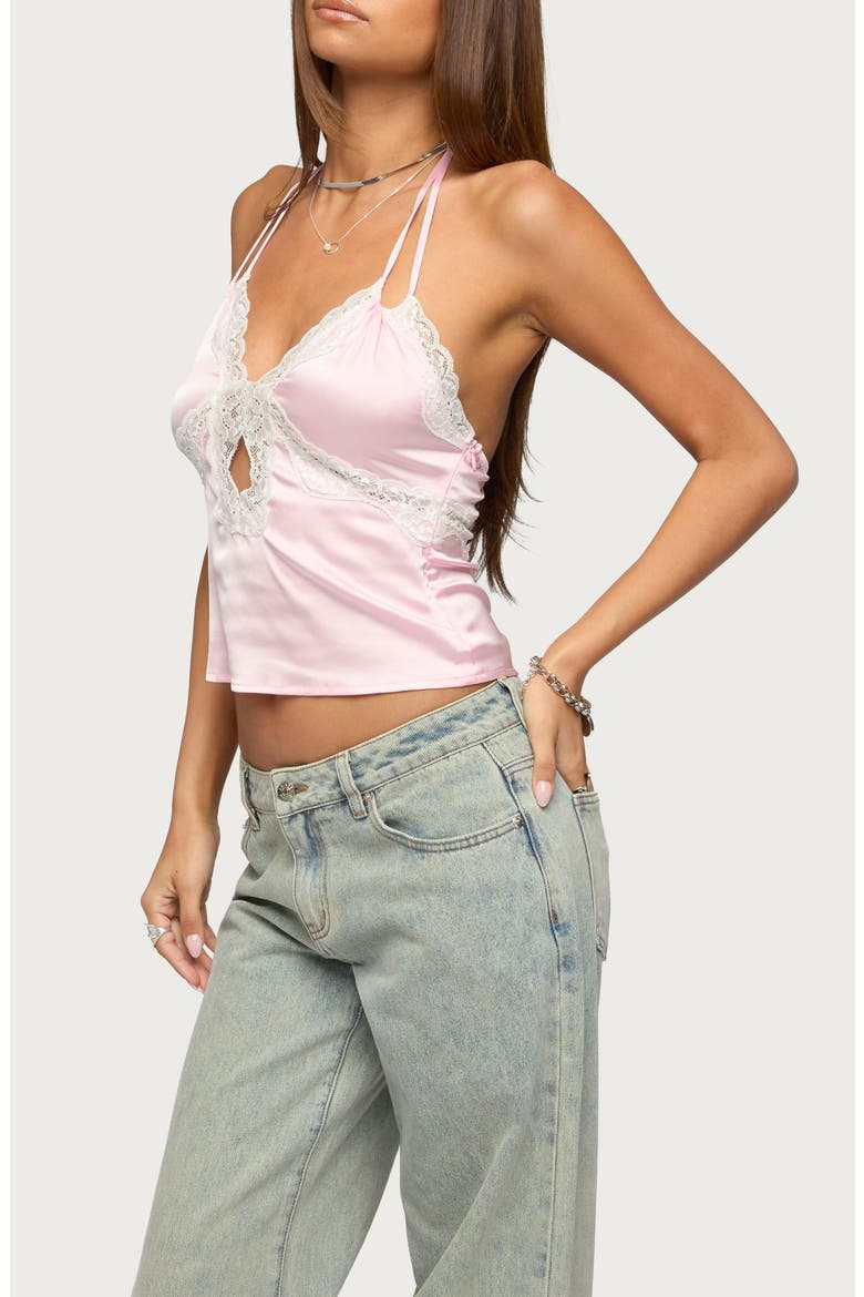 Cove Cutout Lace Trim Satin Halter Top, Alternate, color, PINK