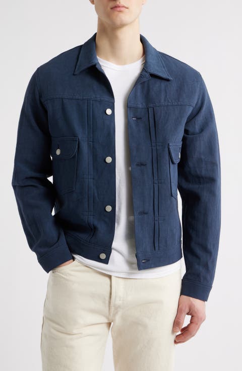 Navy Cotton & Linen Twill Trucker Jacket
