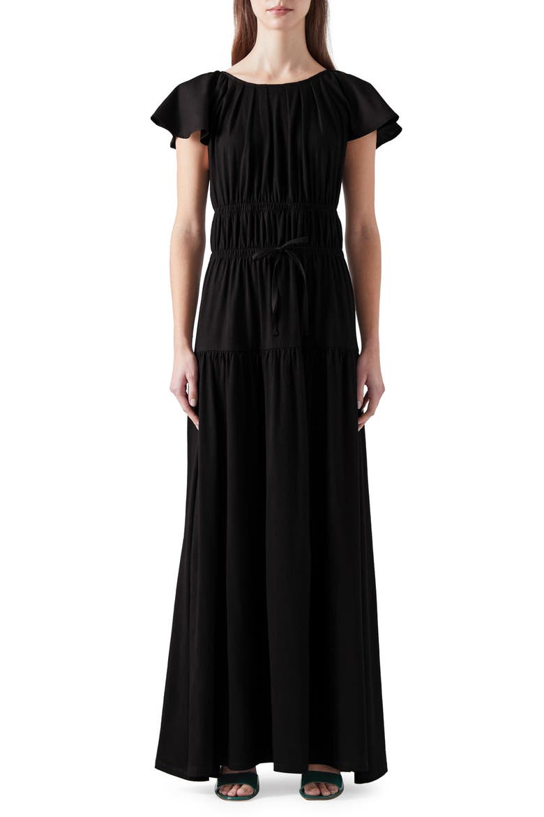 Carla Ruffle Sleeve Tiered Maxi Dress, Main, color, BLACK