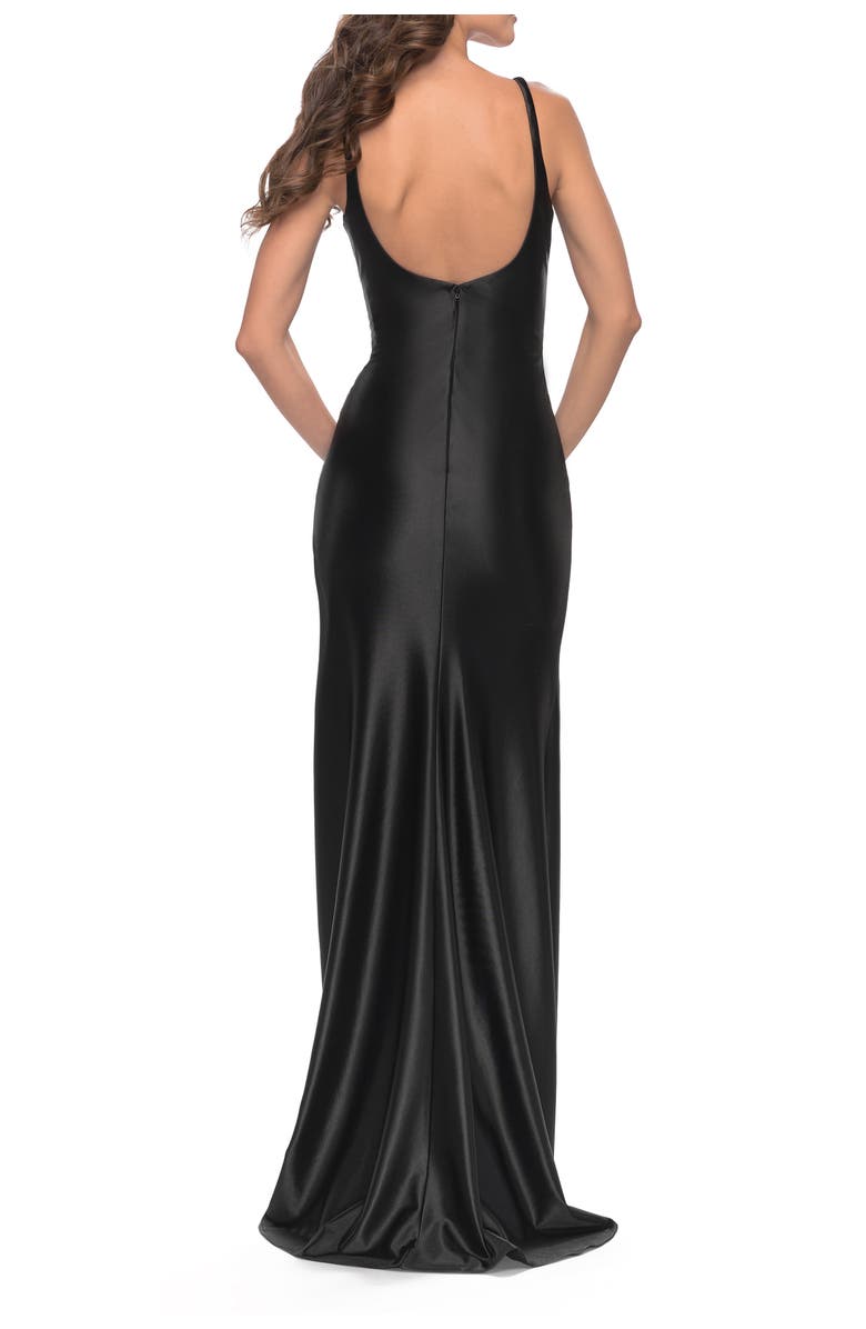 La Femme Liquid Jersey Fitted Dress with High Slit, Alternate, color, Black