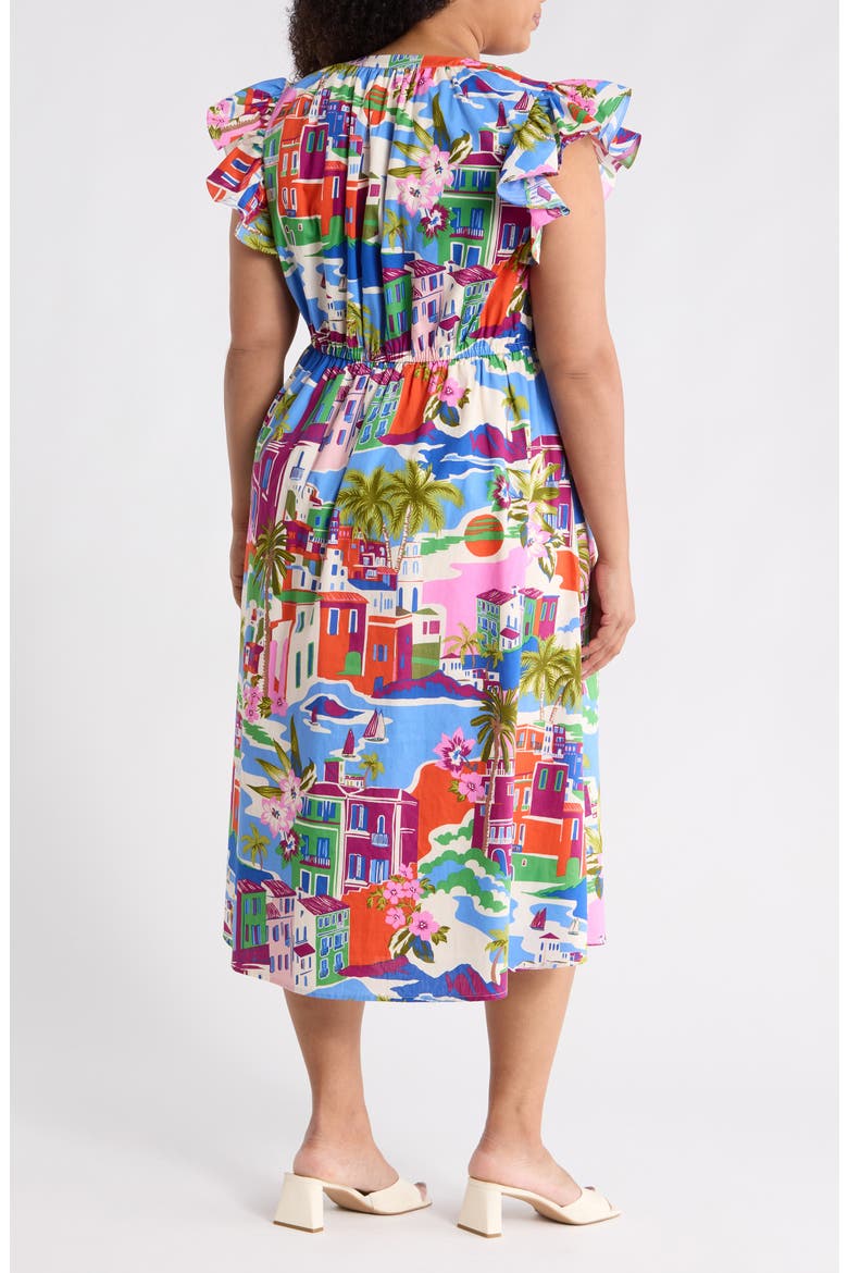Karani Starburst Flutter Sleeve Tie Waist Midi Dress, Alternate, color, CREAM BLUE MULTI