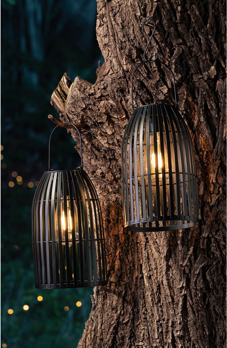Glitzhome Set of 2 Metal Woven Solar Powered Outdoor Hanging Lantern with Edison Bulb, Alternate, color, Black
