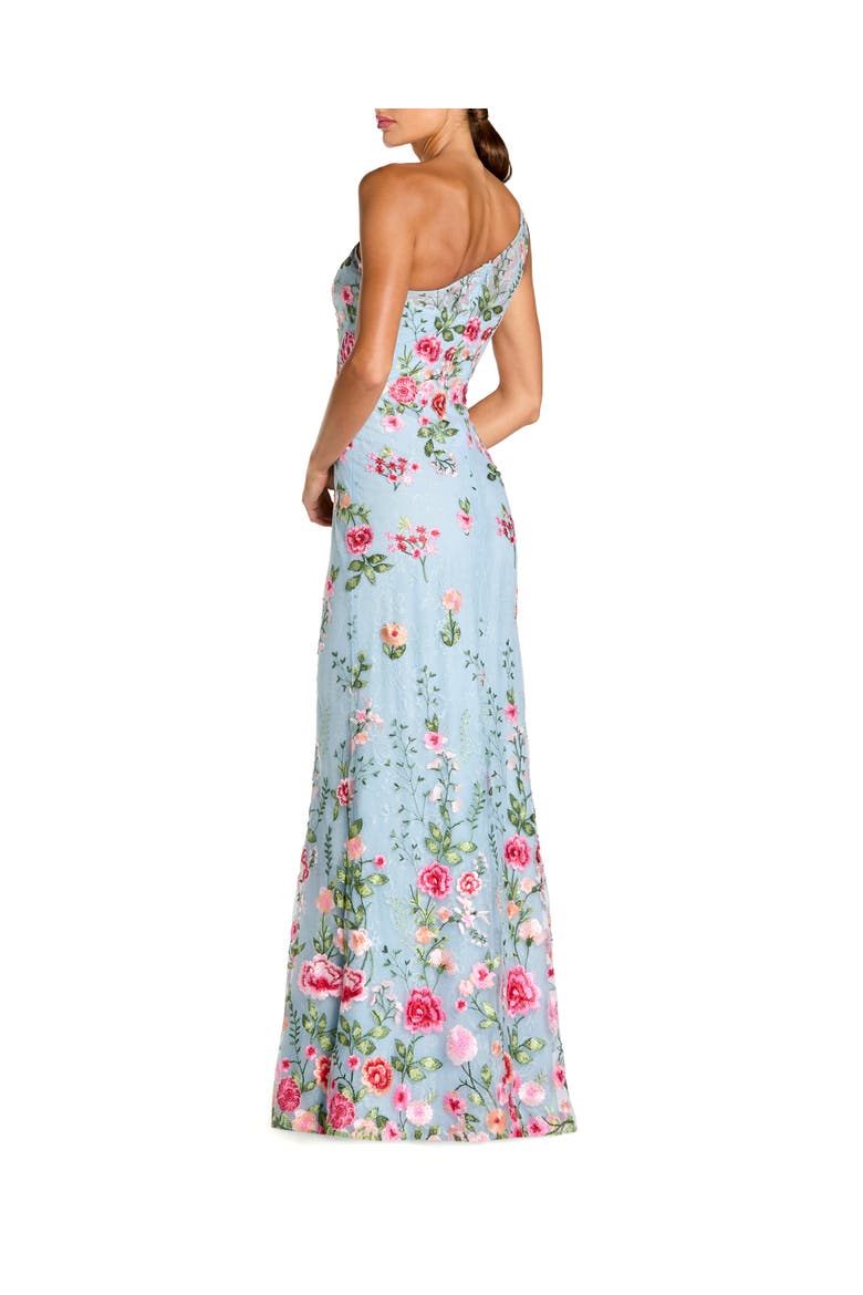 Petite One Shoulder Lace Embroidered Gown, Alternate, color, Powder Blue Multi