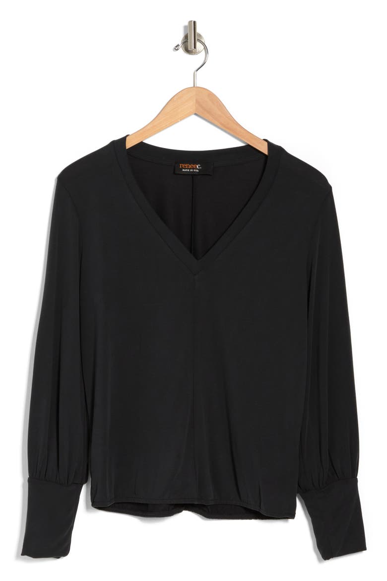 V-Neck Long Sleeve Solid Top, Alternate, color, BLACK