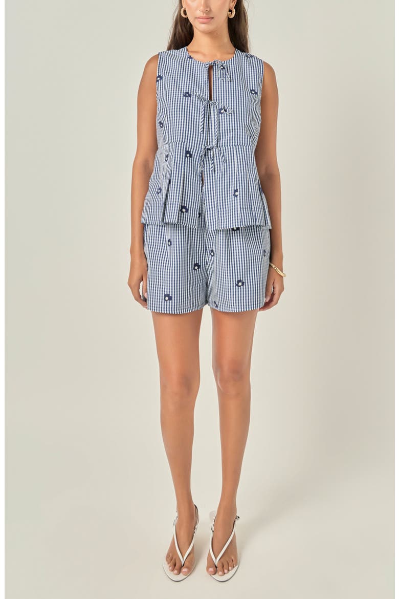 Bow Detail Gingham Embroidered Peplum Top, Alternate, color, NAVY