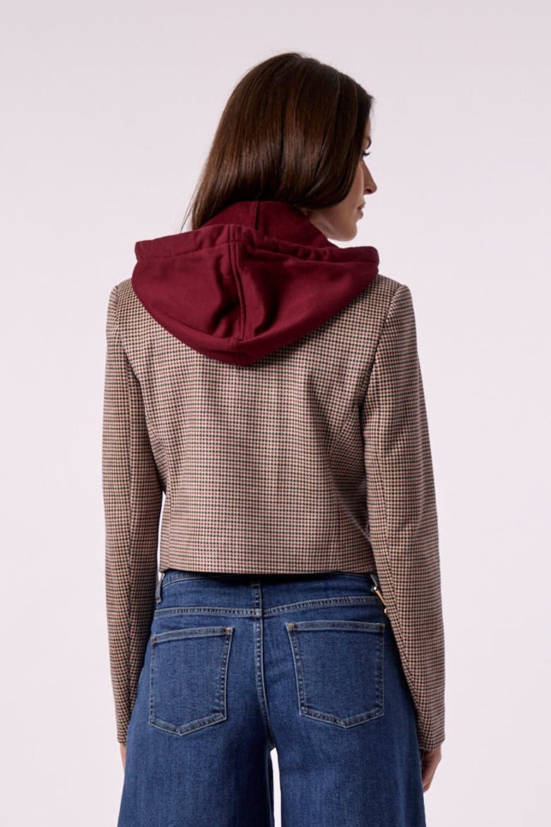 Skye Cropped Blazer With Hoodie Insert in Maroon & Houndstooth, Alternate, color, Maroon/Houndstooth