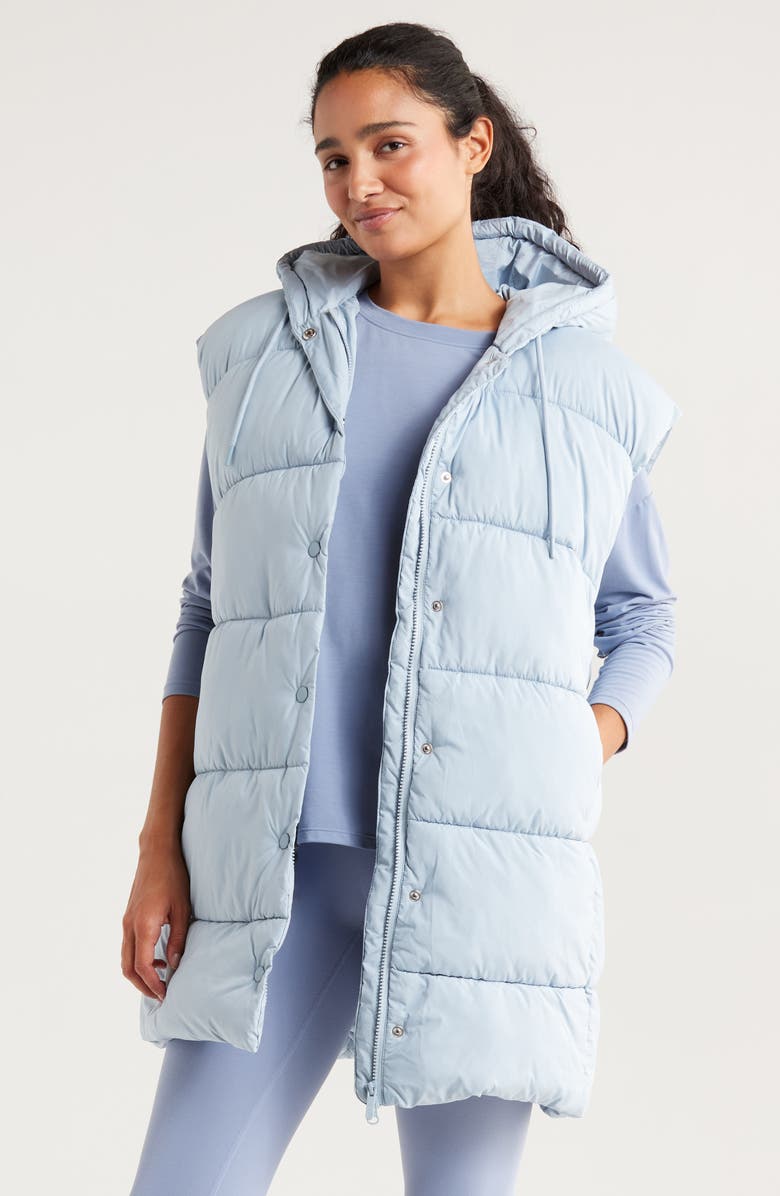 Zella Longline Hooded Puffer Vest, Main, color, Blue Fog