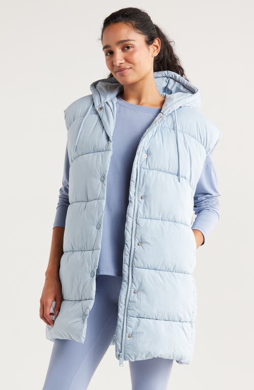 Zella Longline Hooded Puffer Vest in Blue Fog 