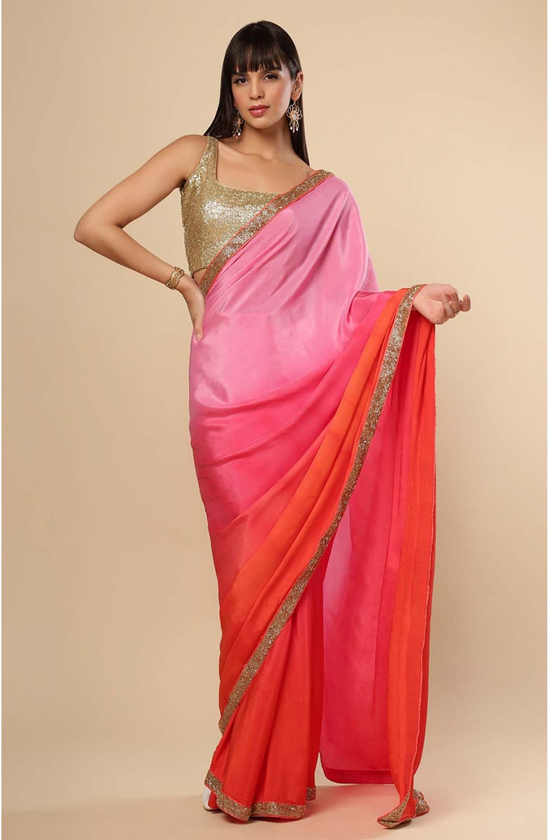 One Minute Saree<sup>®</sup> Chandini Pink & Orange Ombre Modal Satin With Gold Sequins Border Ready To wear Saree, Alternate, color,
