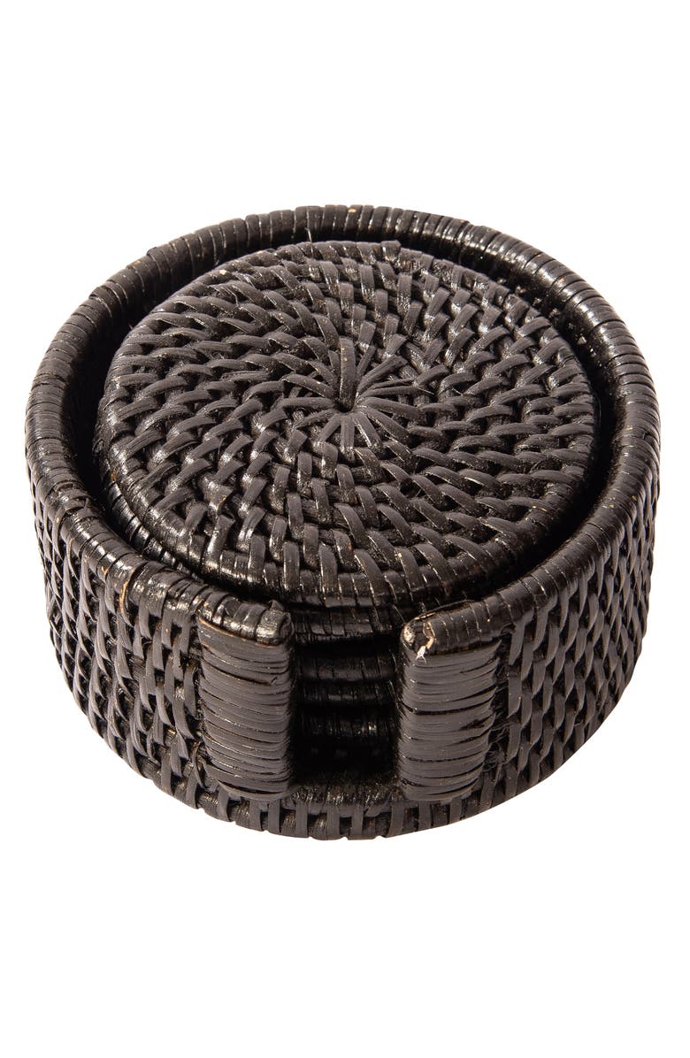 Artifacts Trading Company<sup>™</sup> Artifacts Rattan Round Coasters with Box - 7 Piece Set, Main, color, Tudor Black
