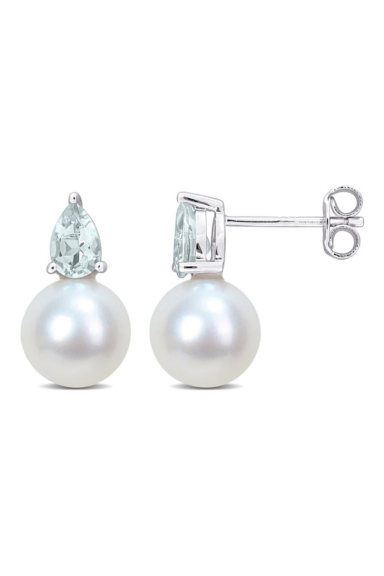 Aquamarine & Freshwater Pearl Stud Earrings, Main, color, BLUE