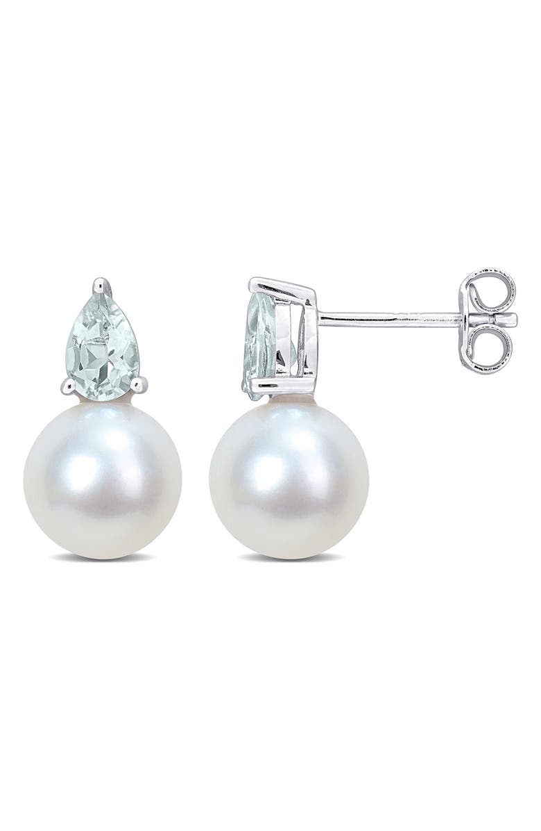 DELMAR Aquamarine & Freshwater Pearl Stud Earrings, Main, color, Blue