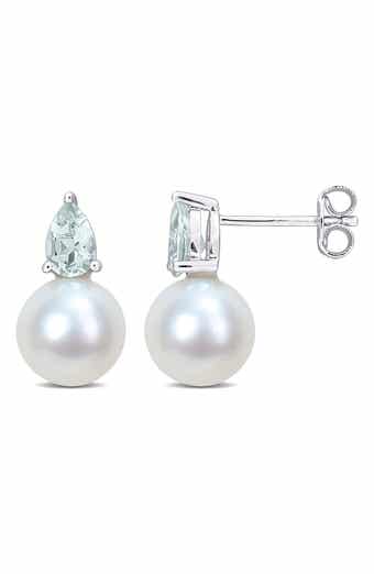 DELMAR Aquamarine & Freshwater Pearl Stud Earrings
