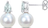 DELMAR Aquamarine & Freshwater Pearl Stud Earrings
