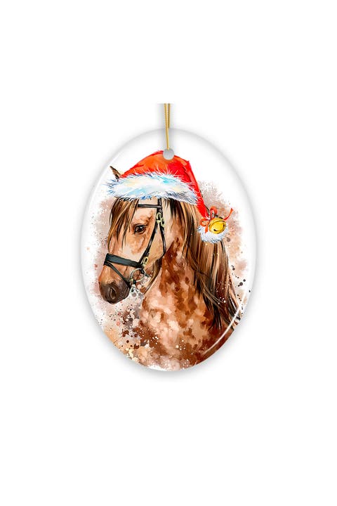 Watercolor Horse In Santa Hat Oval Ceramic Ornament