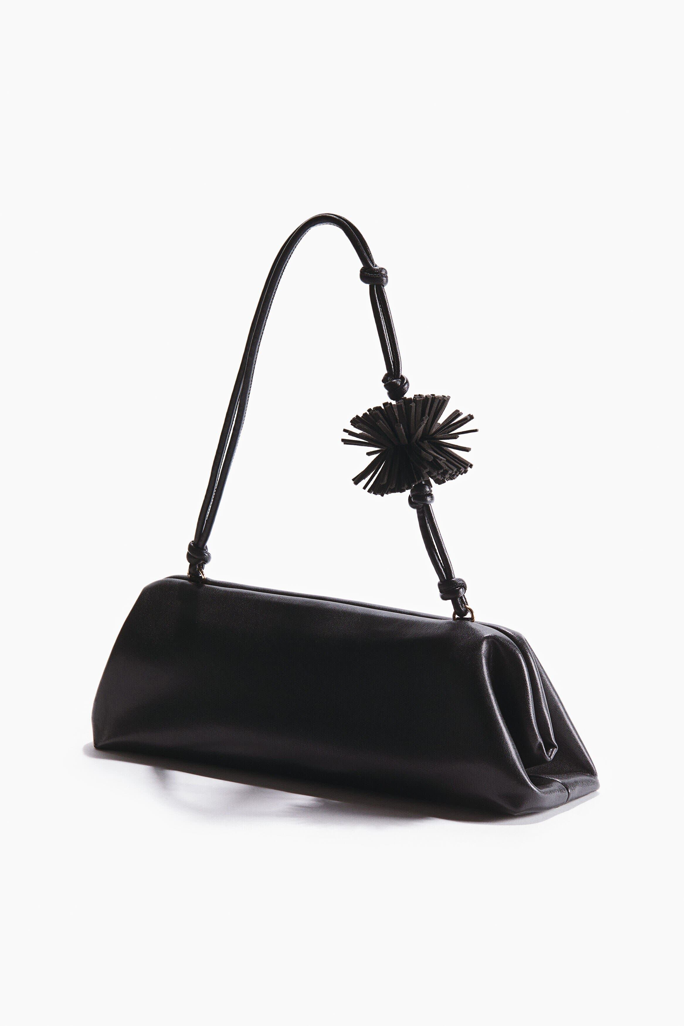 H&M Pompom-detail Shoulder Bag, Alternate, color, Black