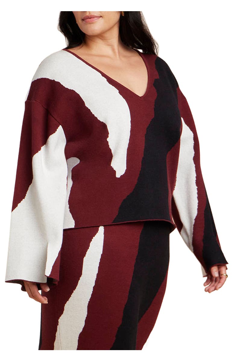 ELOQUII V Neck Intarsia Sweater, Main, color, Jagged Edge Cherry Lacquer