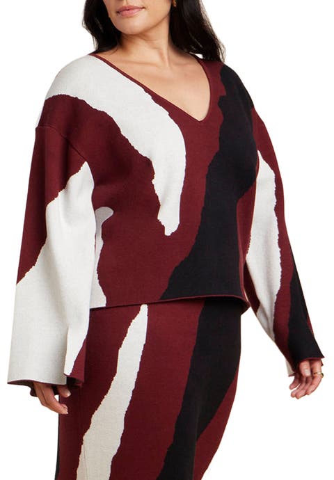 V Neck Intarsia Sweater (Plus Available)