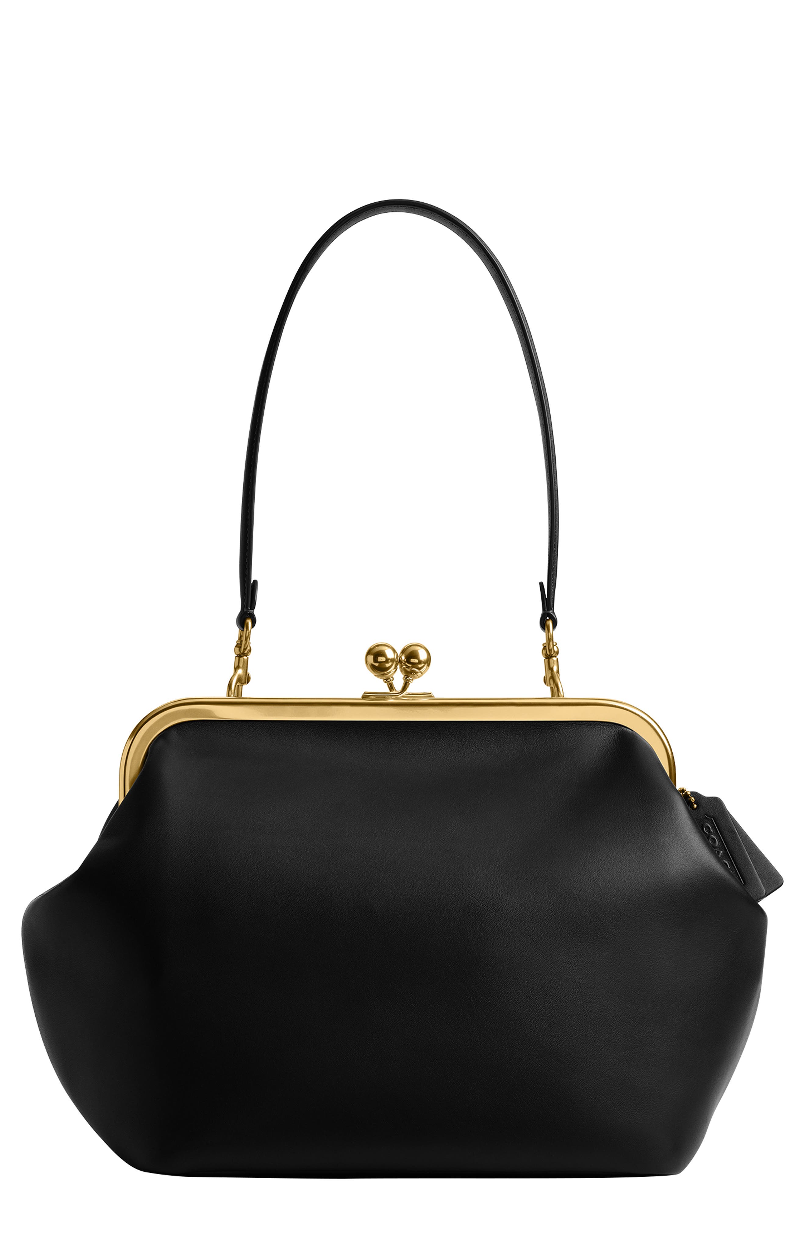 COACH Kisslock Glovetanned Leather Frame Bag, Main, color, Black