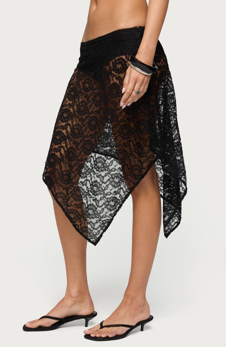 EDIKTED Handkerchief Hem Low Rise Sheer Lace Skirt, Alternate, color, Black
