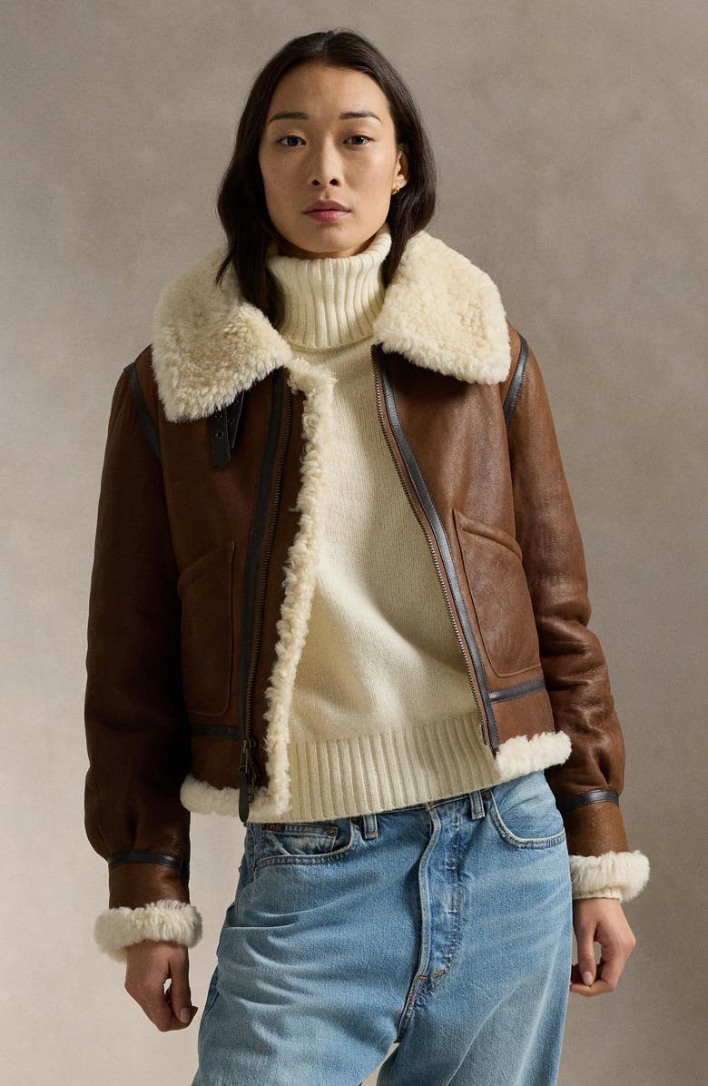 Polo Ralph Lauren Genuine Shearling Trim Leather Aviator Jacket, Alternate, color, Brown/ Cream