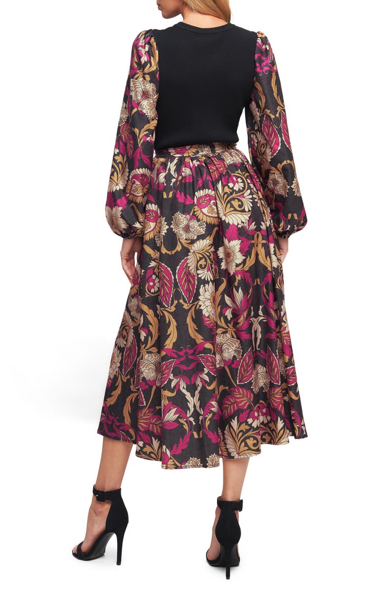 FLYING TOMATO Long Sleeve Mixed Media Fit & Flare Dress, Alternate, color, Black Magenta