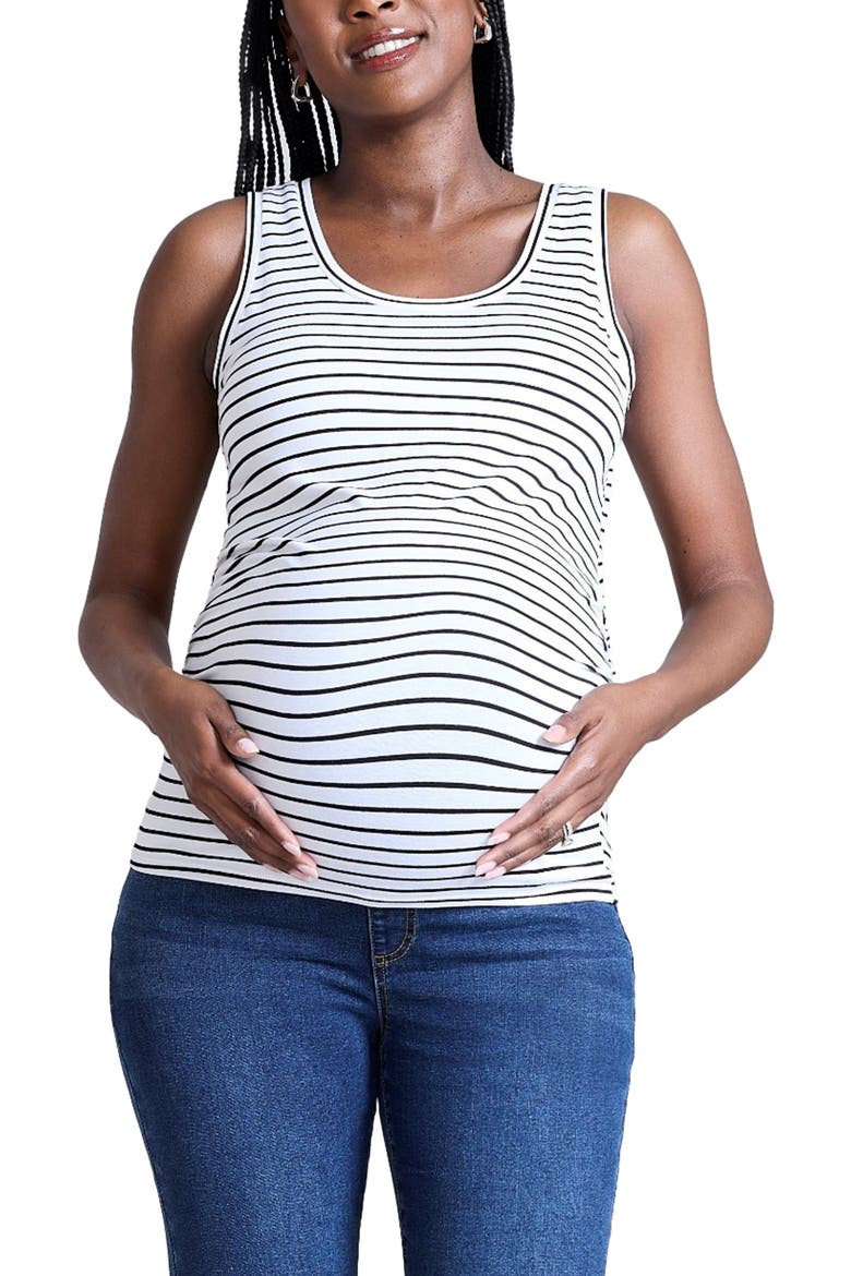 Scoop Neck Side-Ruched Maternity Tank Top, Main, color, Black & White Stripe