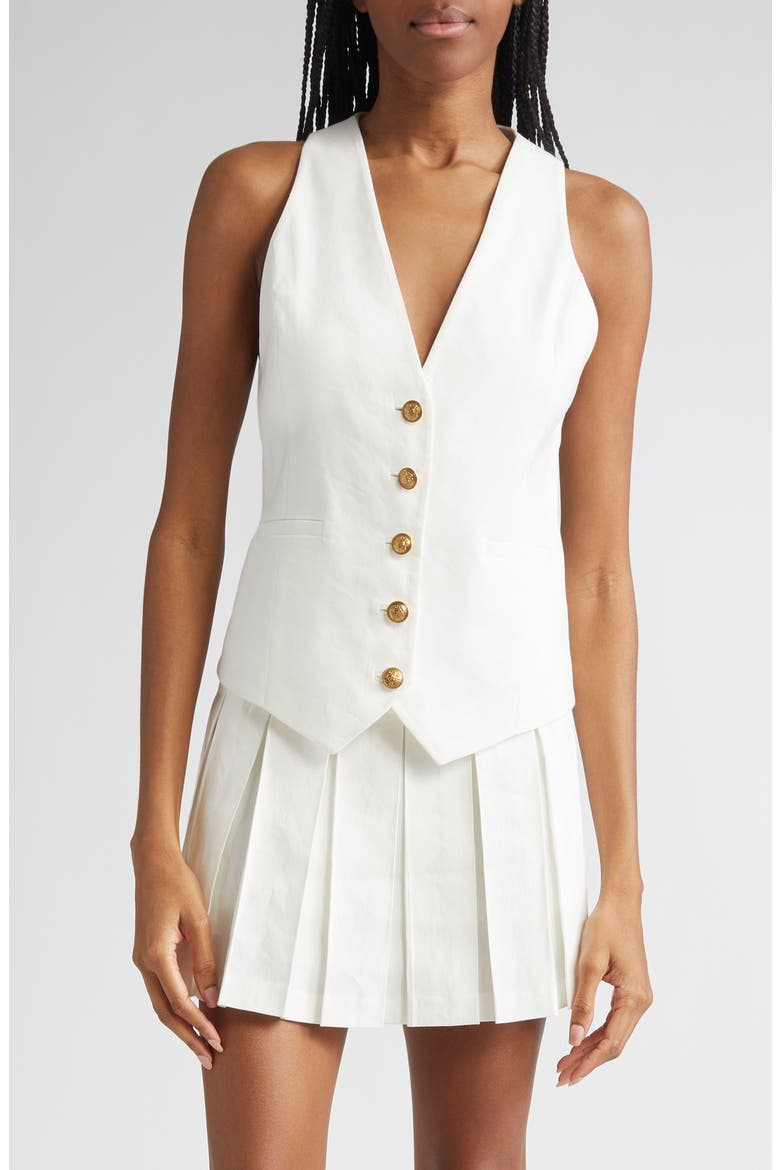 Mazie Deep V-Neck Linen Blend Vest, Main, color, OFF WHITE