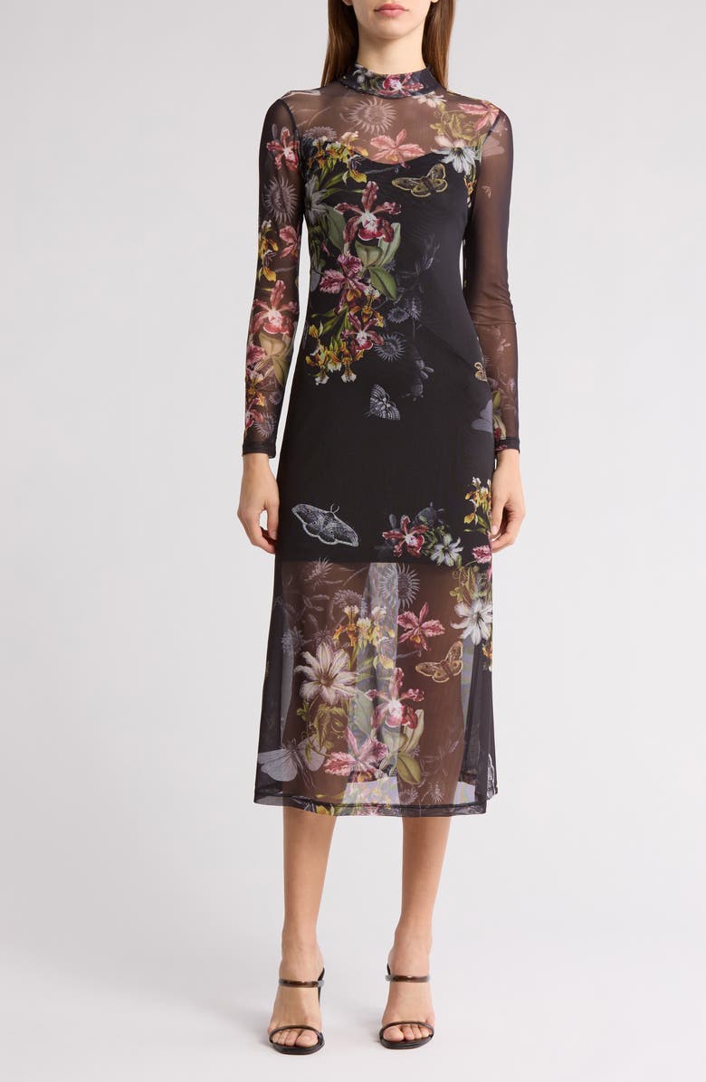 AllSaints Hanna Floral Long Sleeve Mesh Dress, Main, color, 