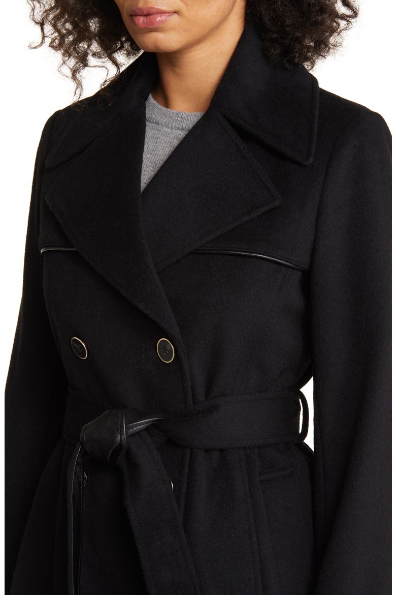 Belted Faux Leather Trim Wool Blend Coat, Alternate, color, BLACK