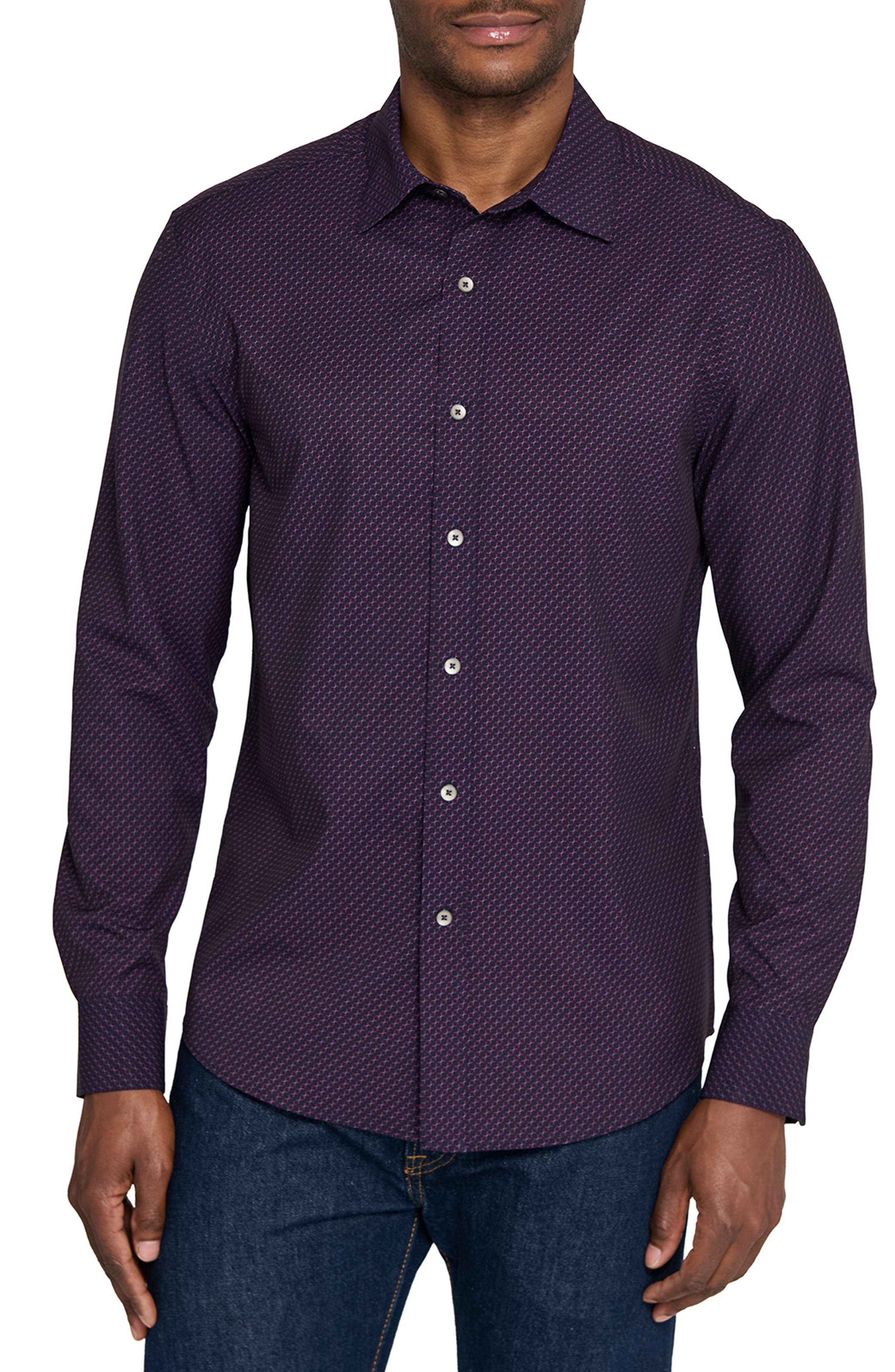 Basic Slim Fit Red Geo Link Print Performance Button-Up Shirt