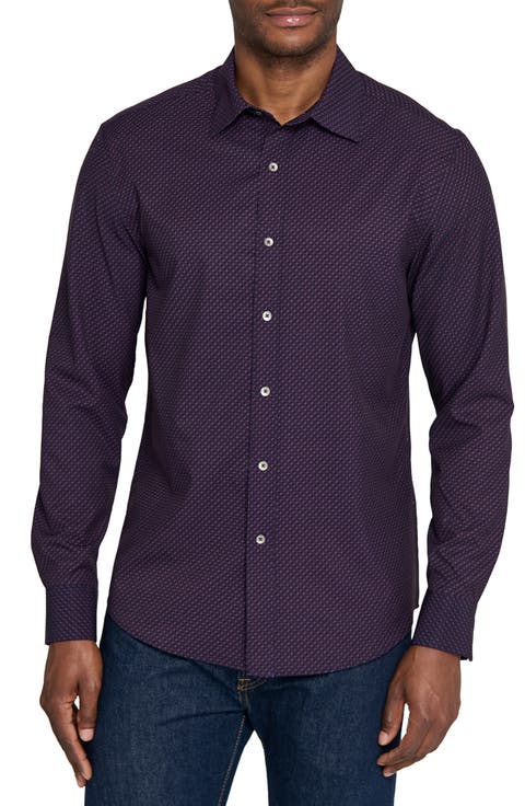 Basic Slim Fit Red Geo Link Print Performance Button-Up Shirt