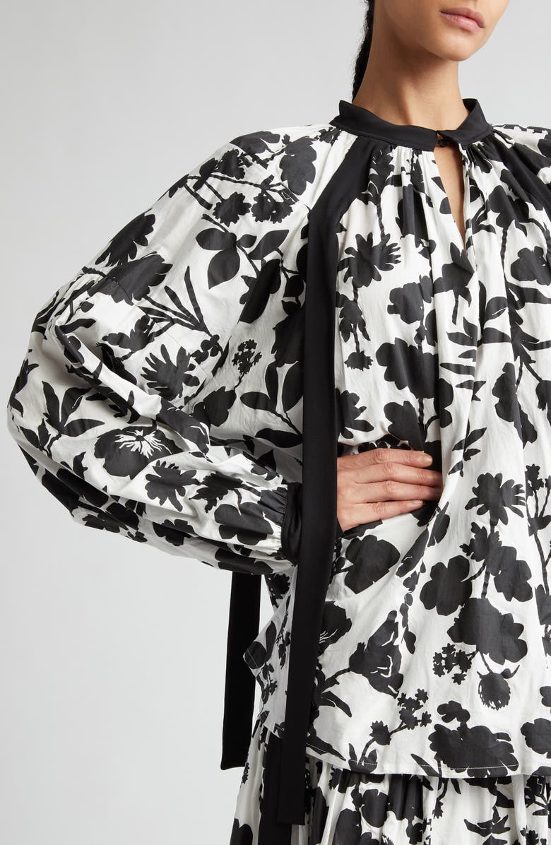 Max Mara Gaetana Floral Print Cotton & Silk Top, Alternate, color, White Black