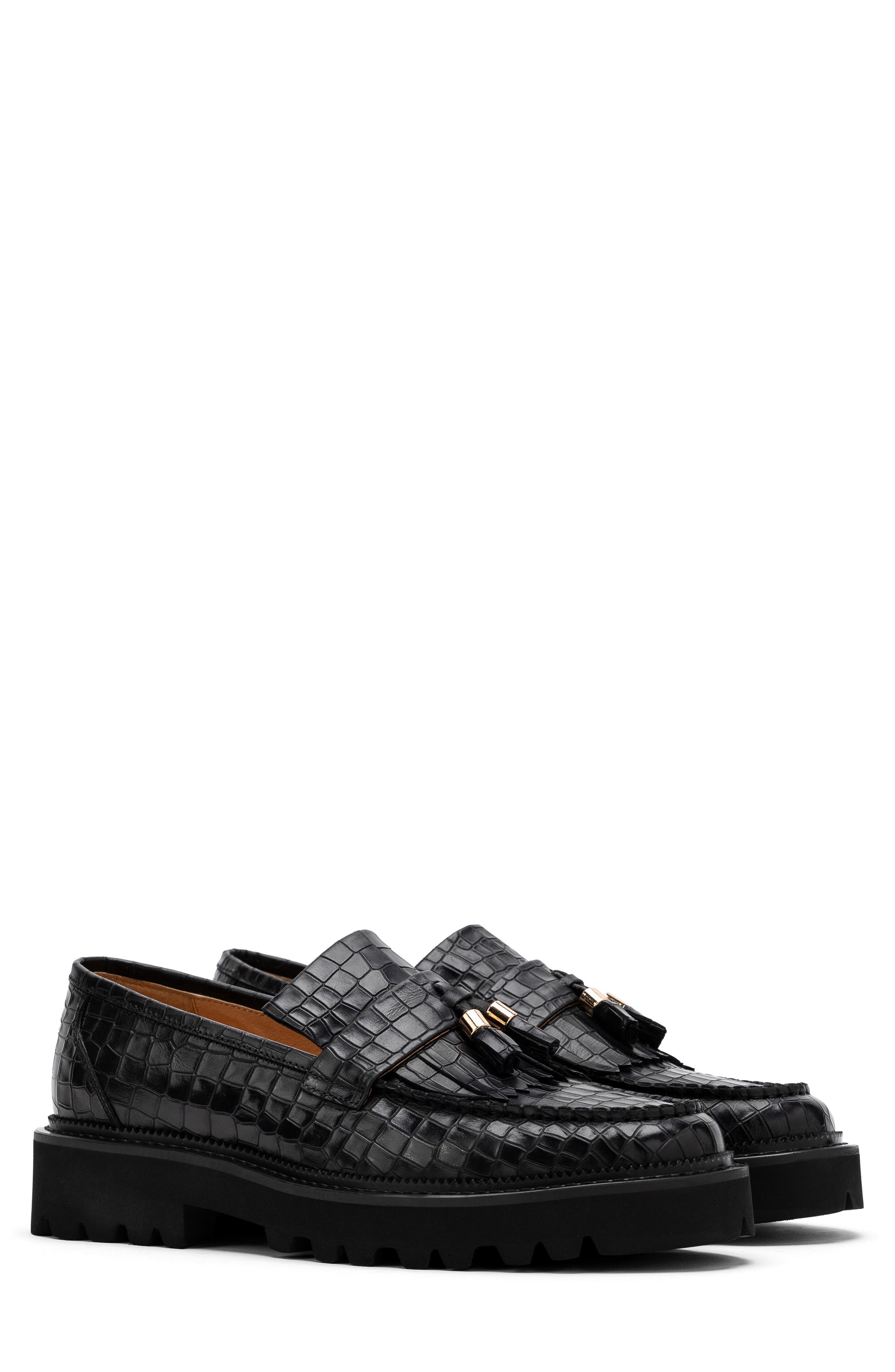 MARC NOLAN Journey Croc Embossed Tassel Loafer, Main, color, Black Croc Emobossed