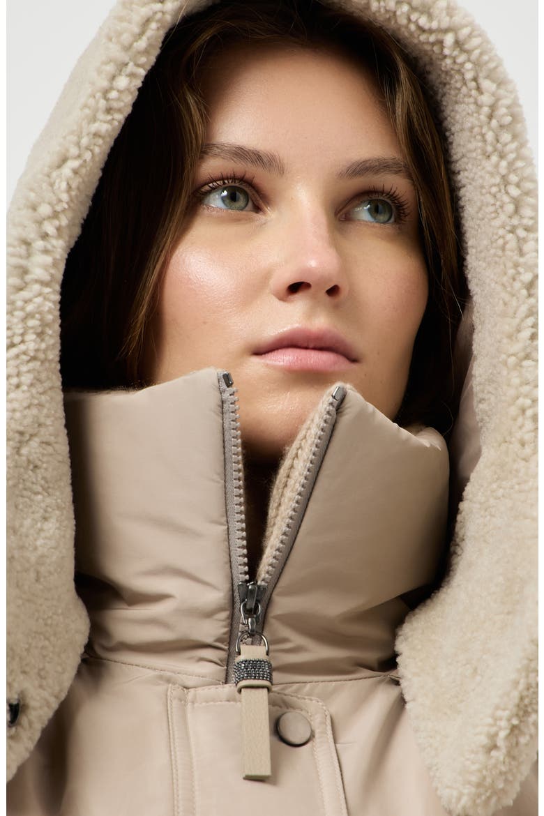 Techno cotton taffeta belted down coat with detachable shearling hood and shiny zipper pull, Alternate, color, Beige