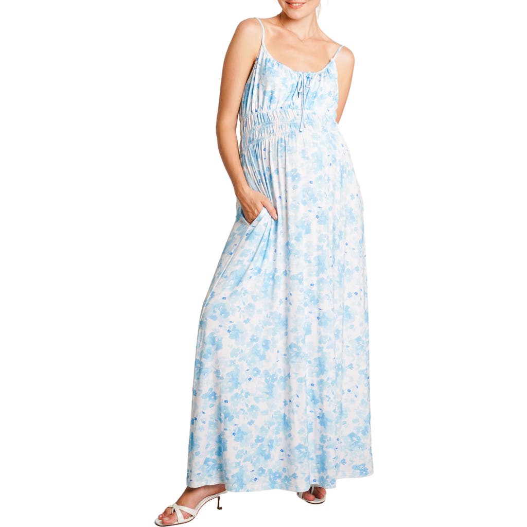 Nom Maternity Capri Floral Print Sleeveless Maternity Maxi Dress In Blue/white Floral