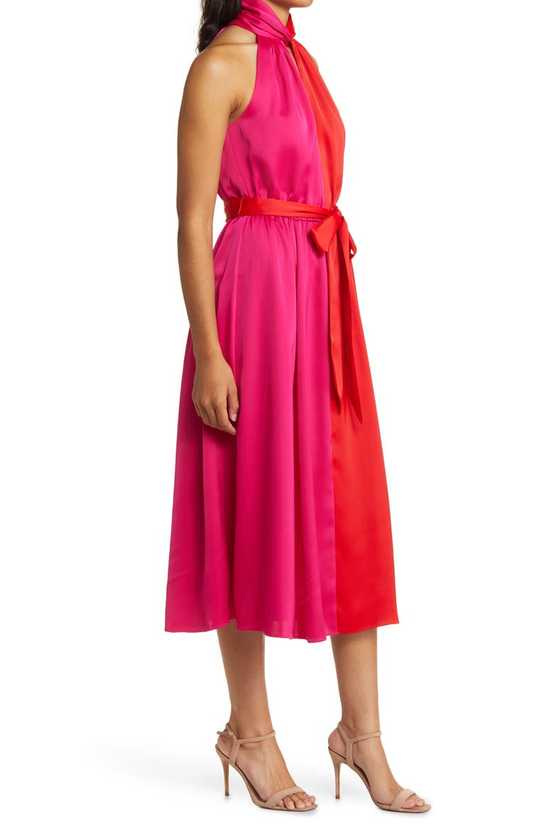 Twist Neck Belted Colorblock Midi Dress, Alternate, color, POPPY/ AMARANTH