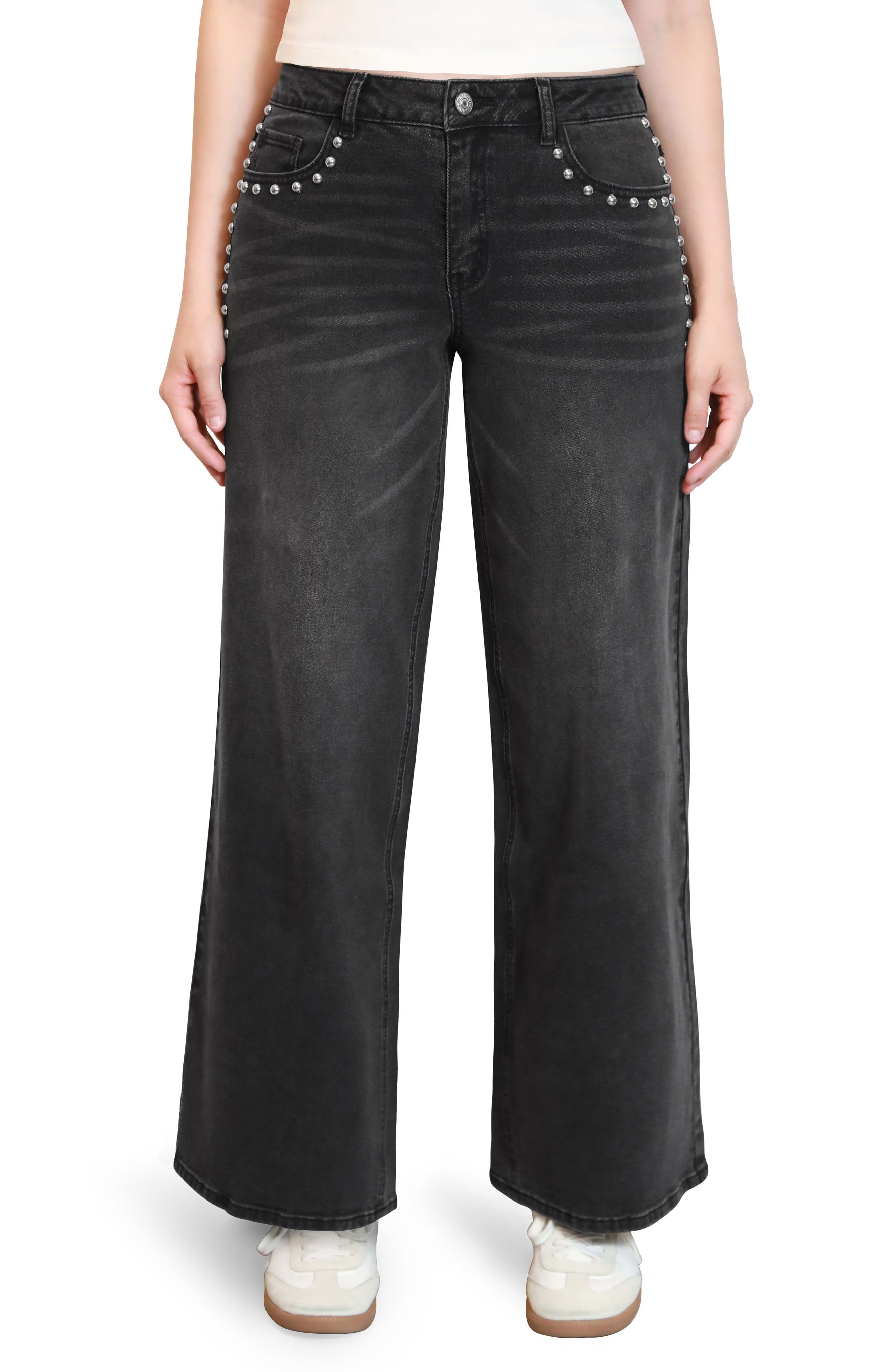 Madden Girl Studded Loose Fit Wide Leg Jeans