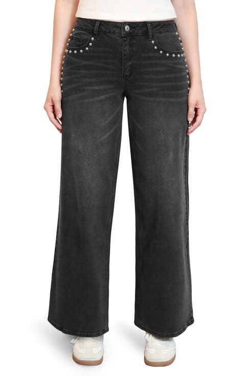 Studded Loose Fit Wide Leg Jeans