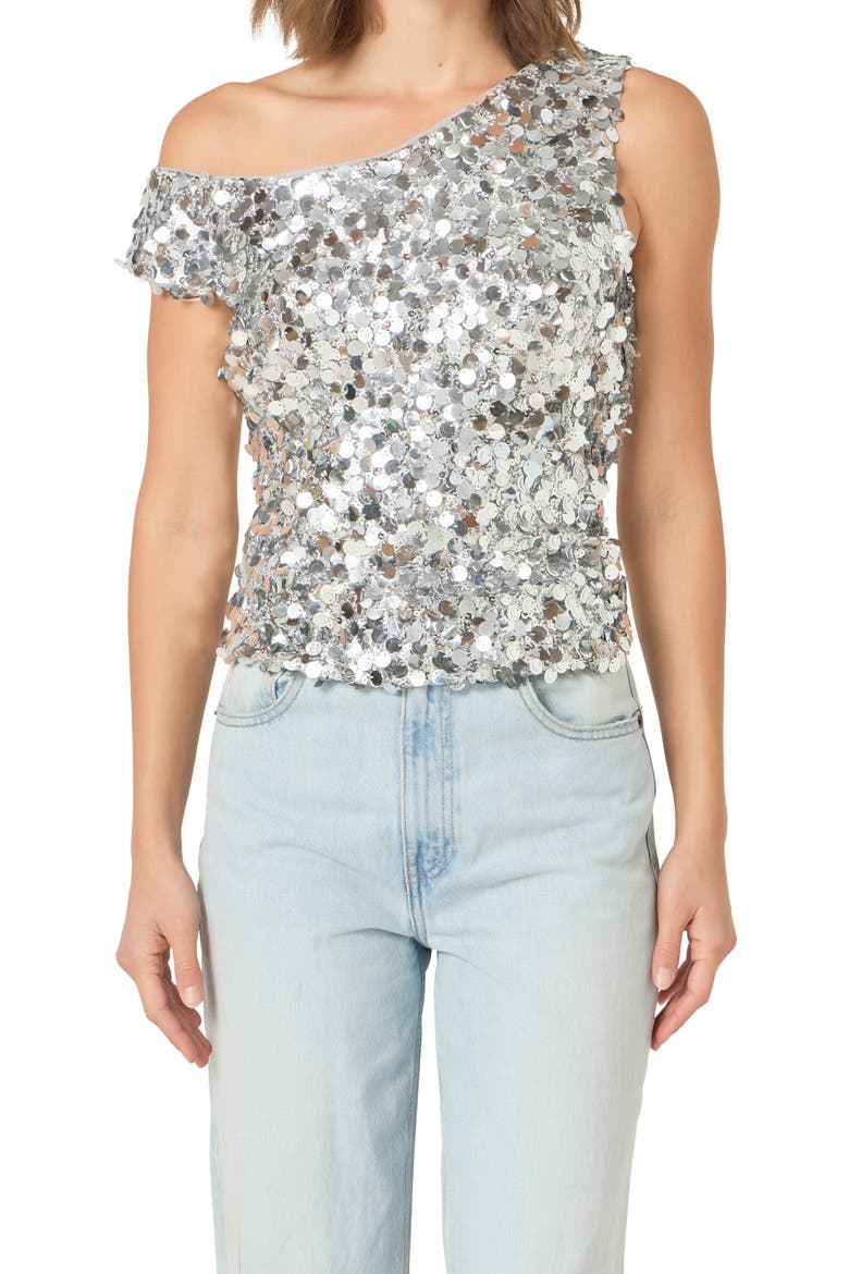Paillette One-Shoulder Top, Alternate, color, SILVER