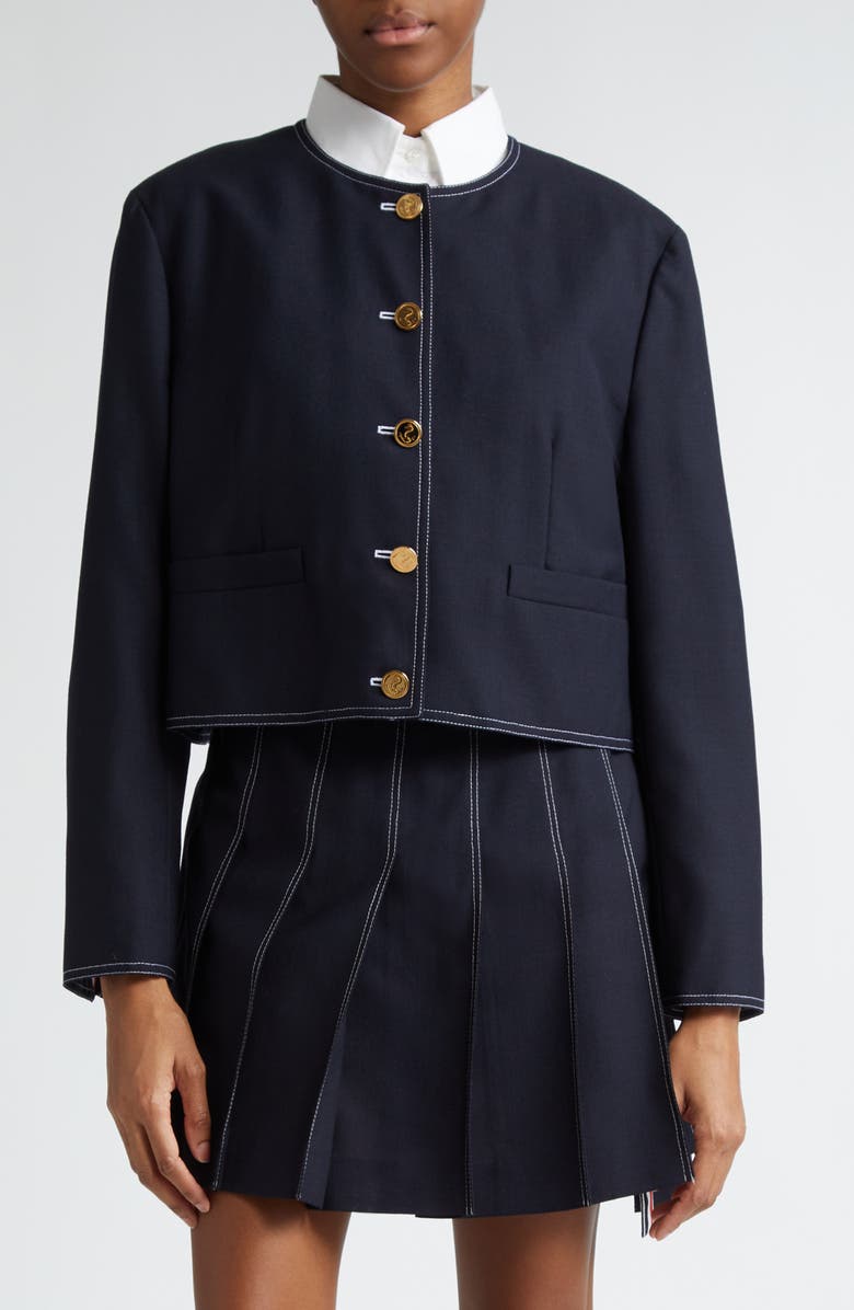 Thom Browne Boxy Crop Wool Jacket, Main, color, Navy