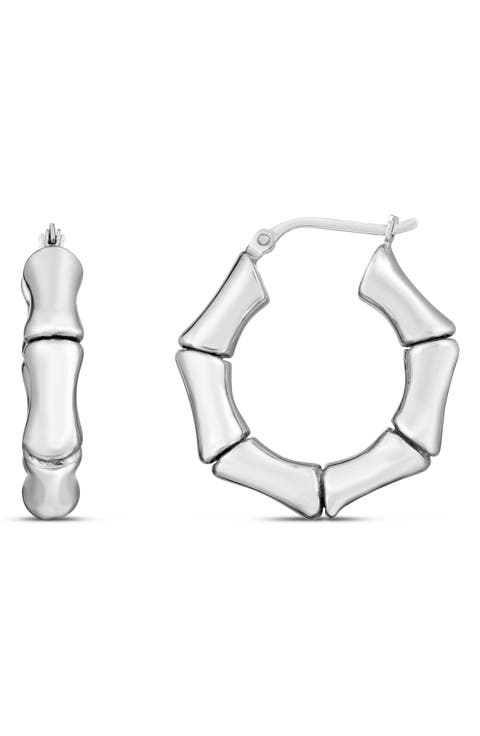 Rhodium Plated Sterling Silver Bamboo Hoop Earrings