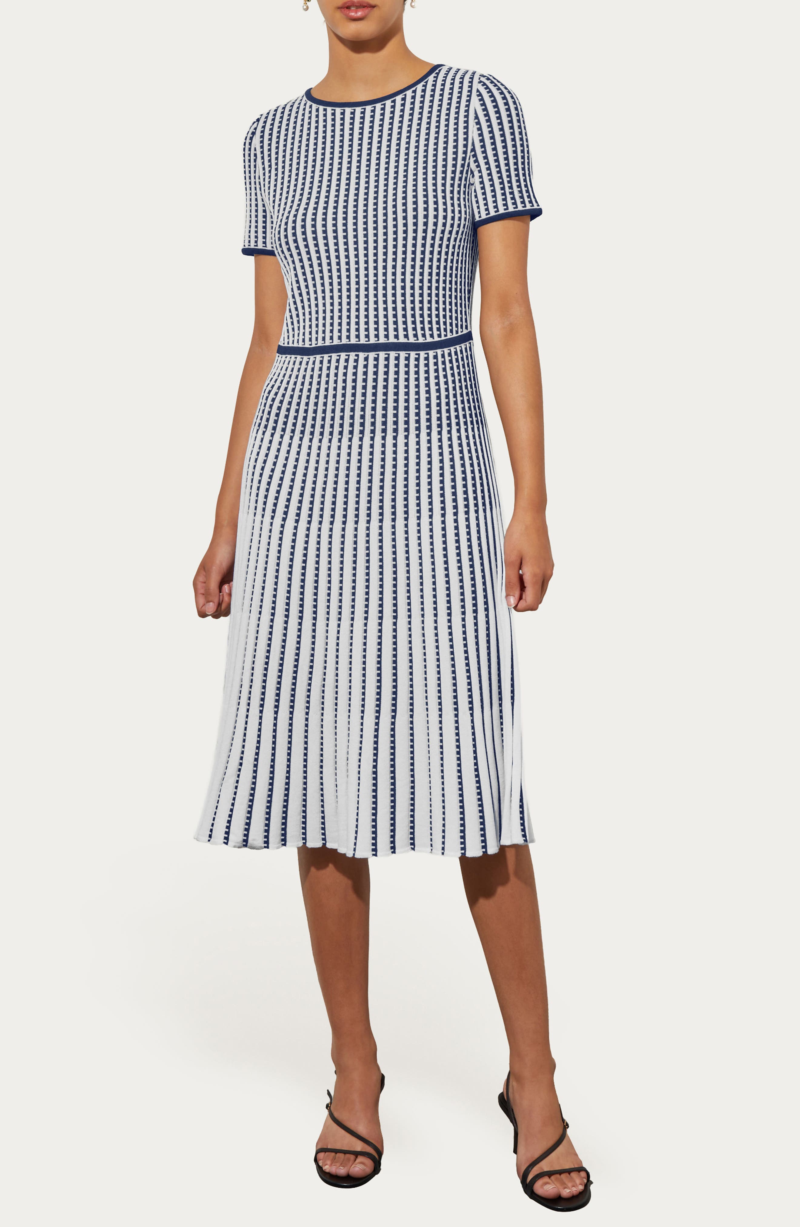 Ming Wang Grid Stripe Flare Knit Dress