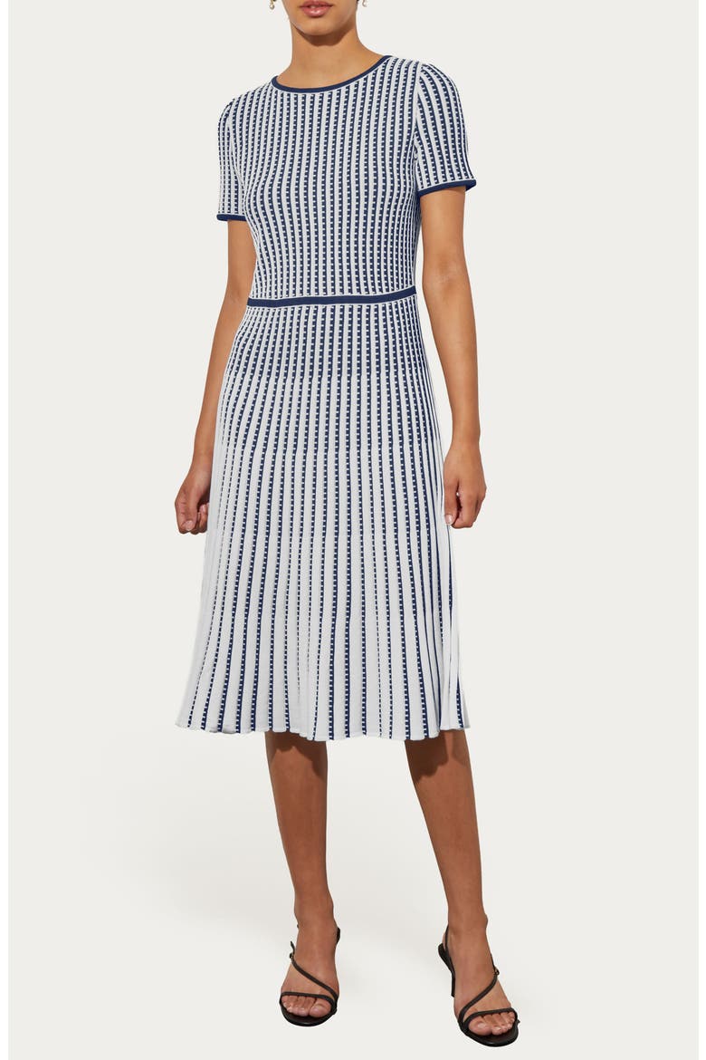 Grid Stripe Flare Knit Dress, Main, color, INDIGO/ WHITE