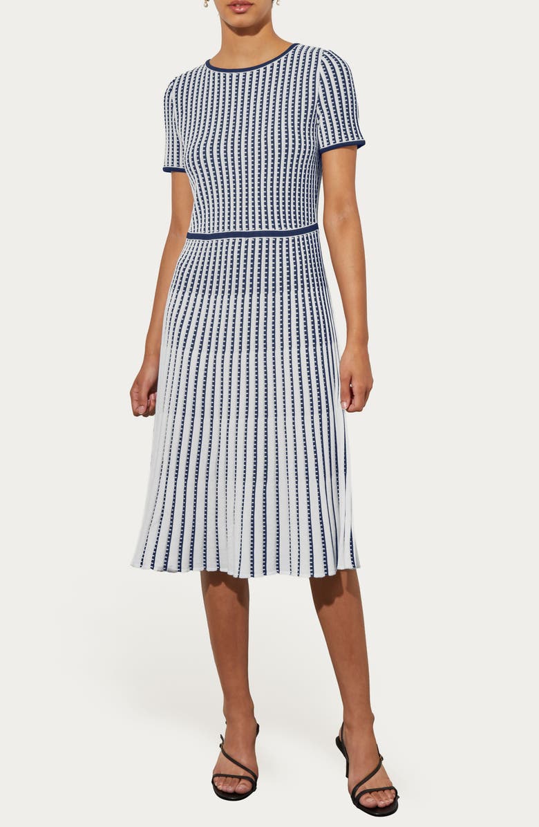 Ming Wang Grid Stripe Flare Knit Dress, Main, color, Indigo/ White