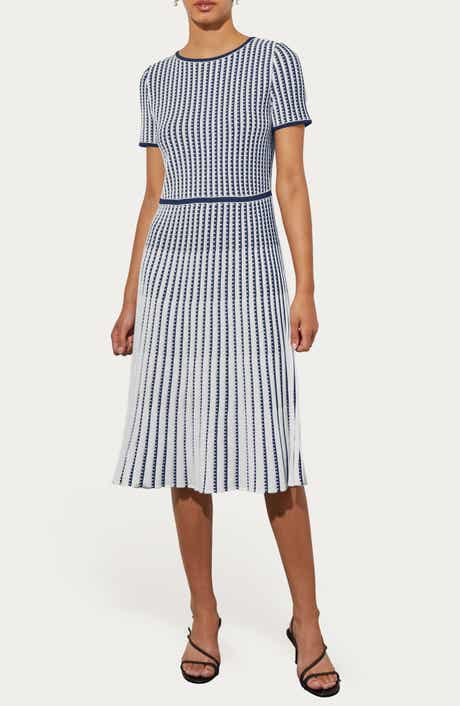 Ming Wang Grid Stripe Flare Knit Dress