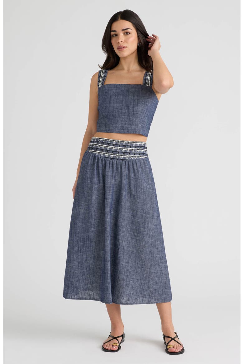 Embroidered A-Line Midi Skirt, Alternate, color, DENIM BLUE