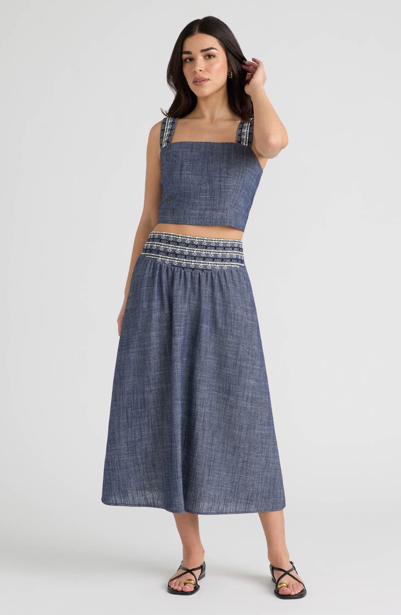 NVLT Embroidered A-Line Midi Skirt, Alternate, color, Denim Blue
