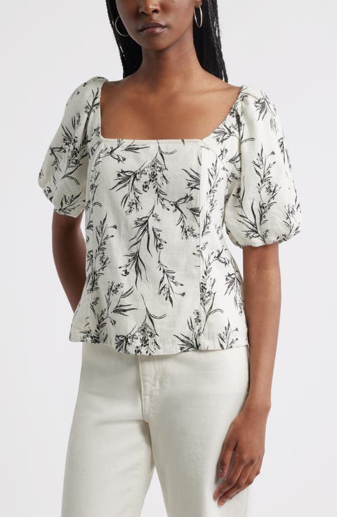 Tie Back Puff Sleeve Linen Blend Top