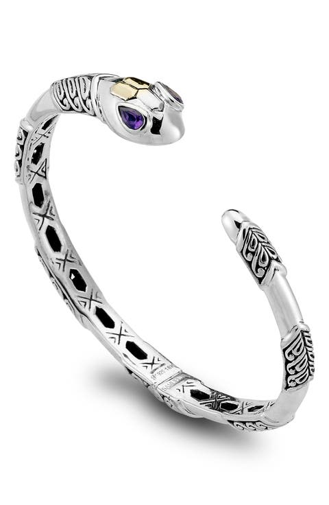 Sterling Silver & 18K Gold Amethyst Snake Bangle Bracelet